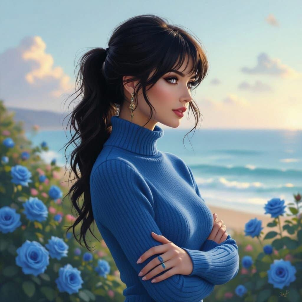 Beautiful French Woman in Blue by the Ocean