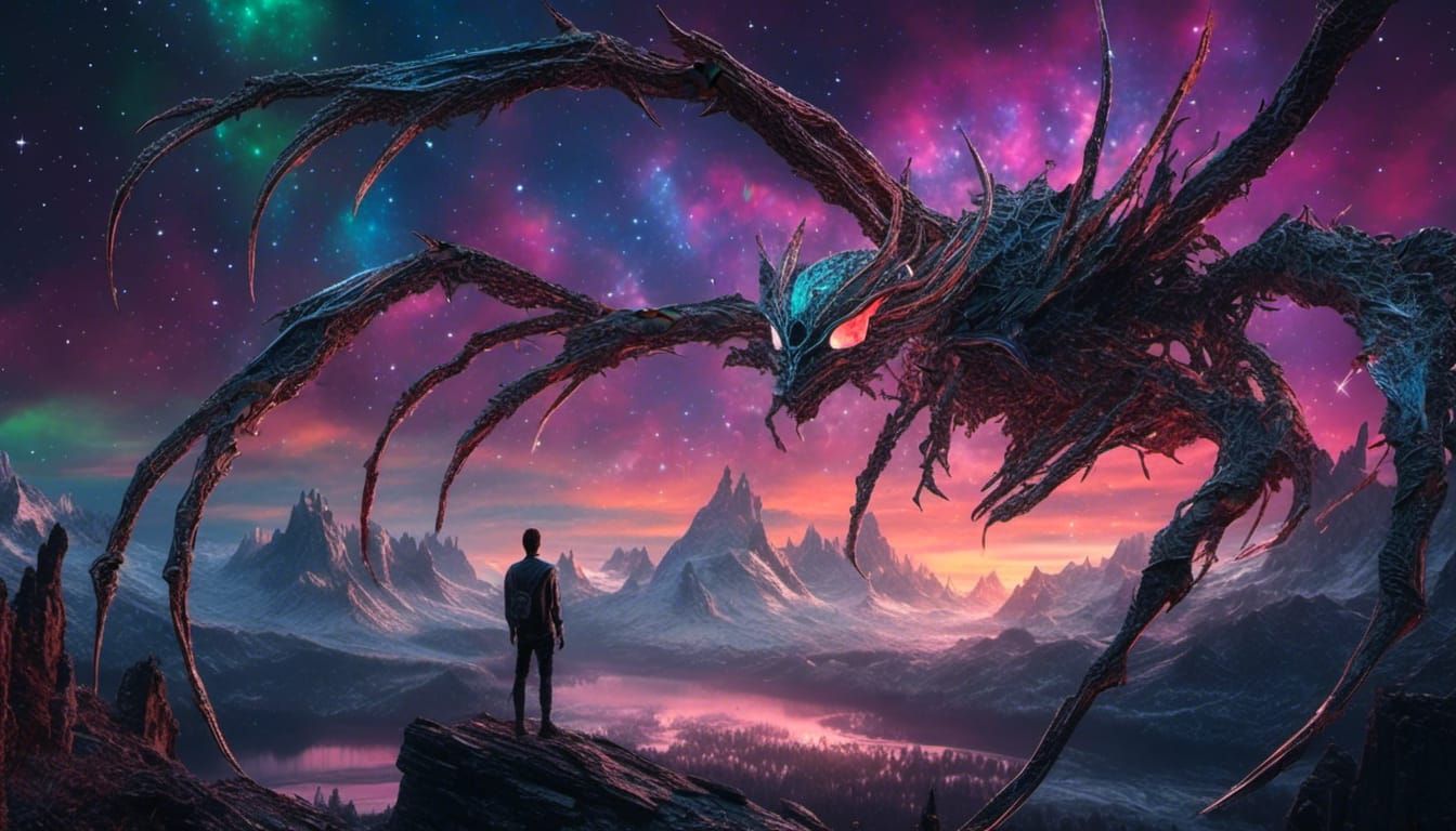 Cosmic Fantasy Landscape with Dragon and Aurora