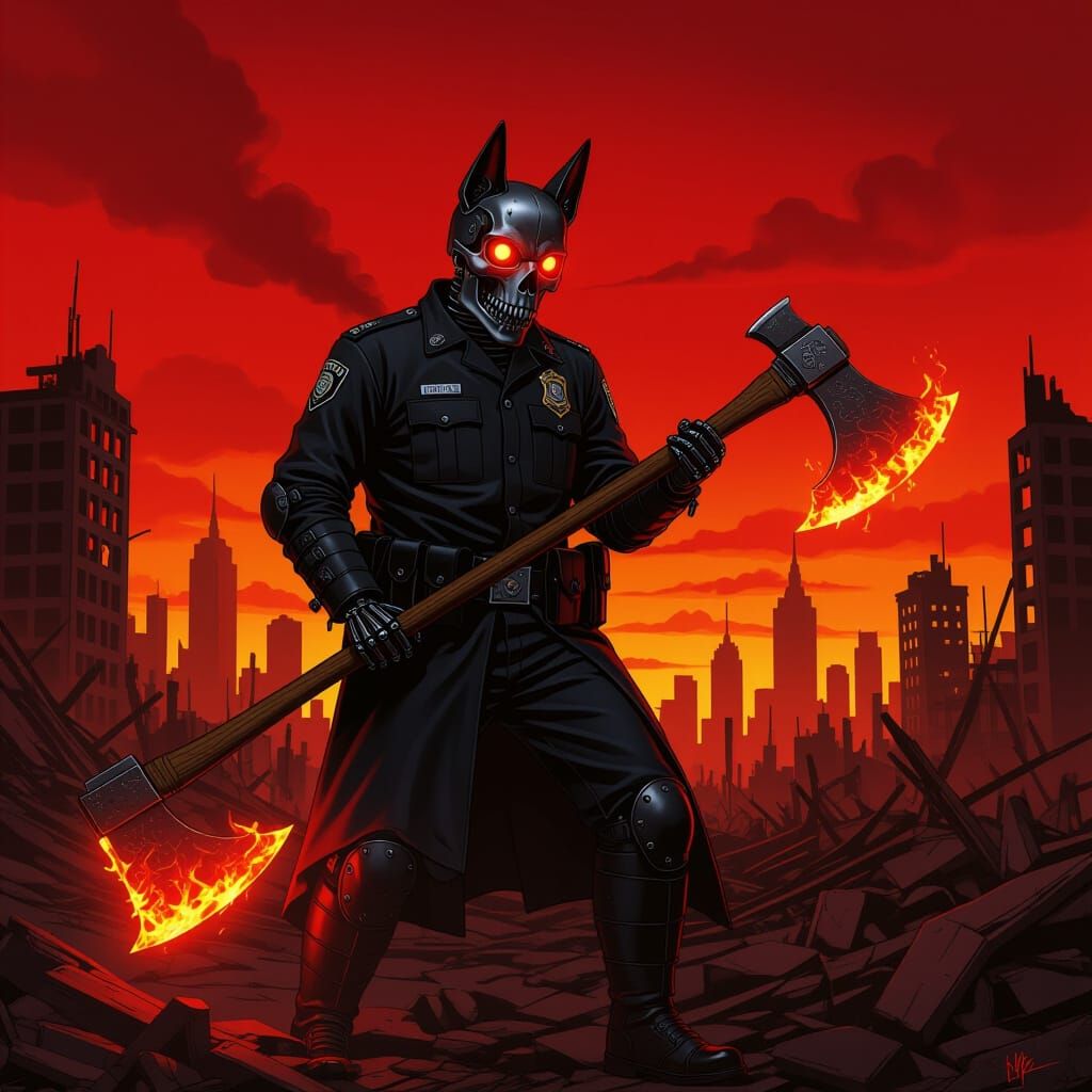 Cyborg Police Officer in Post-Apocalyptic Cityscape