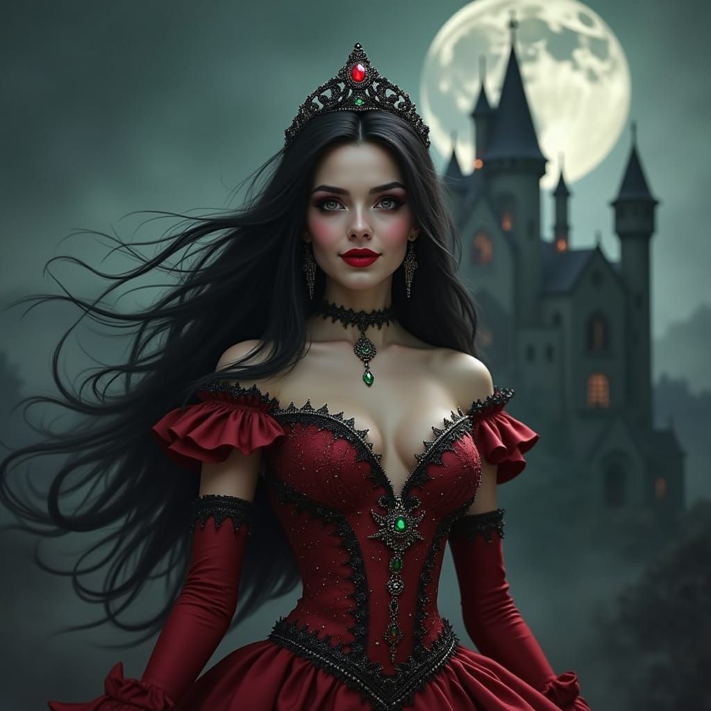 Gothic Princess in Red and Black Gown with Rhinestones