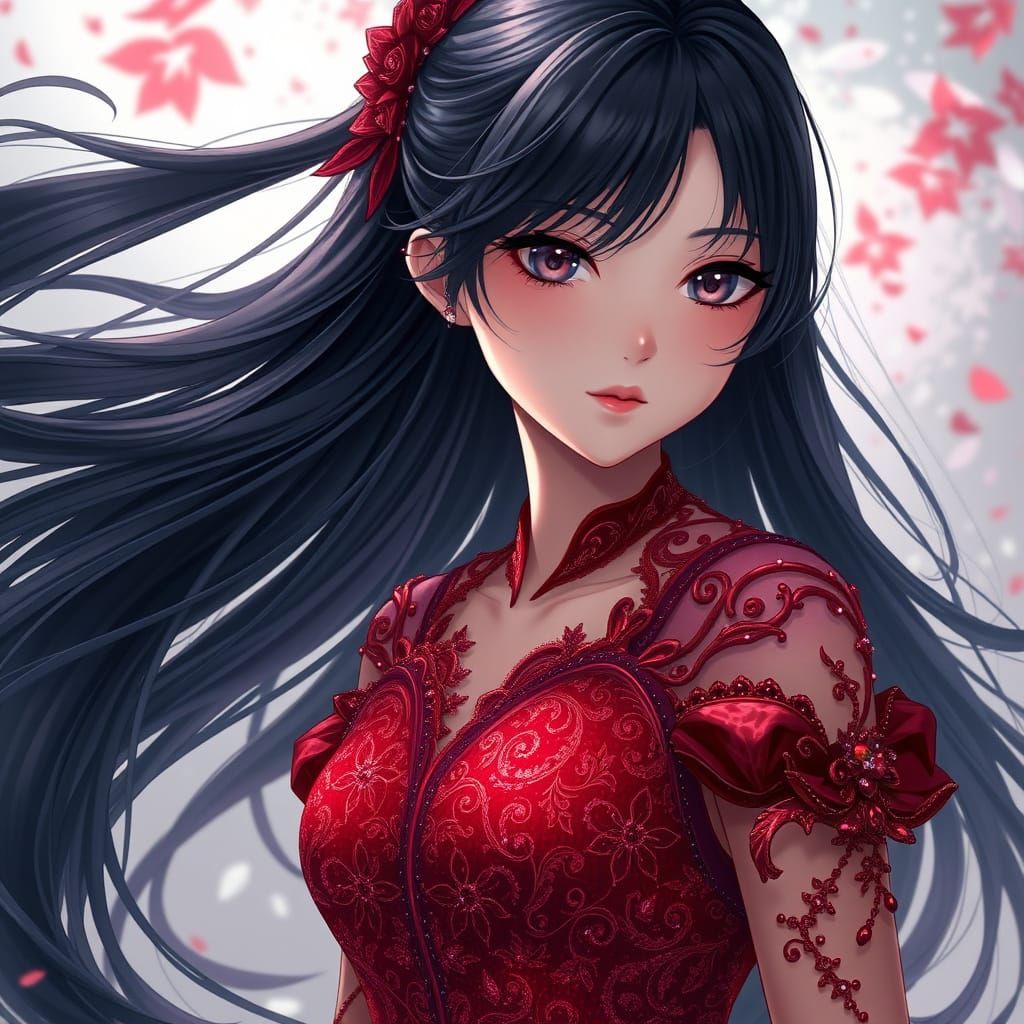 Anime Woman in Red Dress Digital Art
