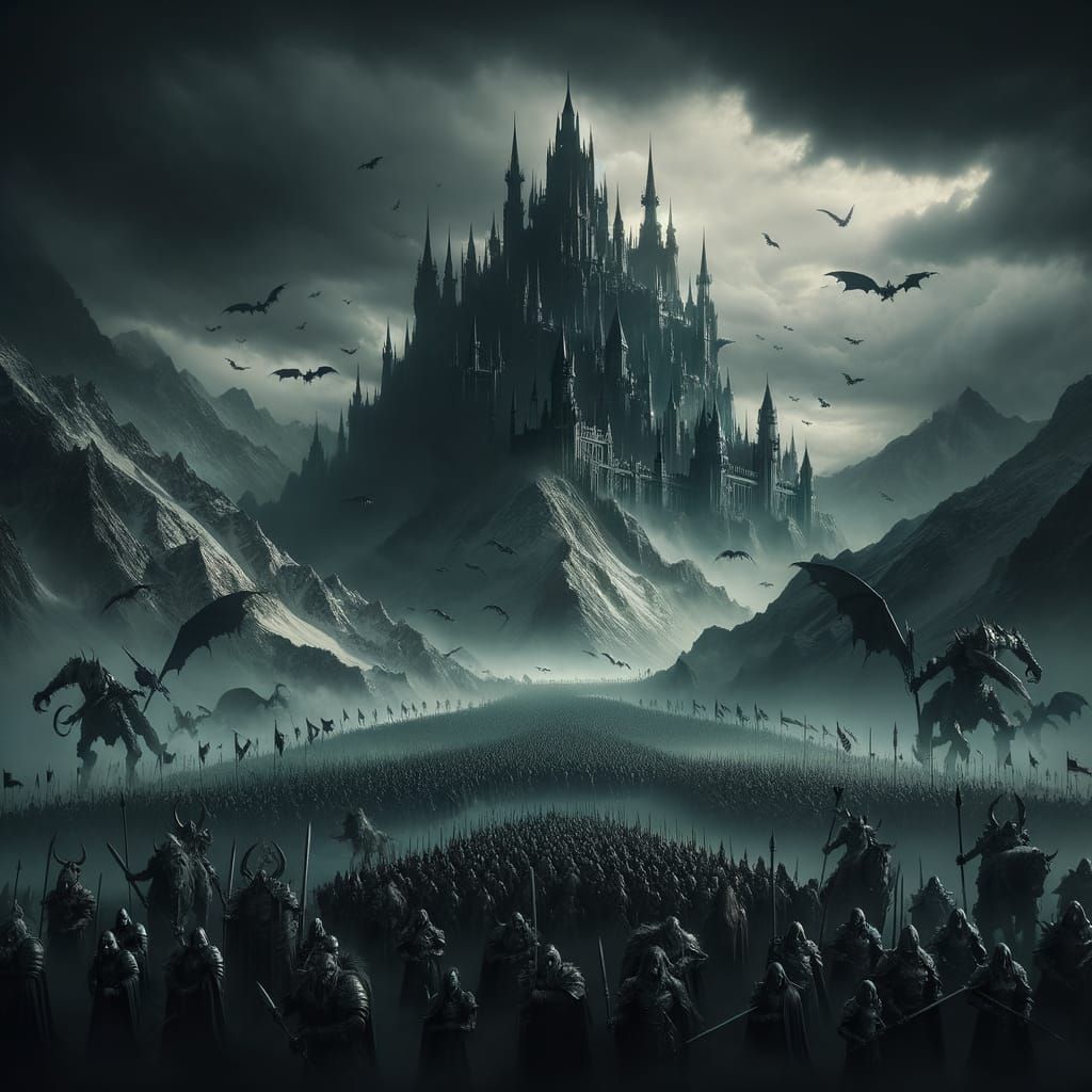 Grim Castle Overlooks Army of Beasts and Orcs