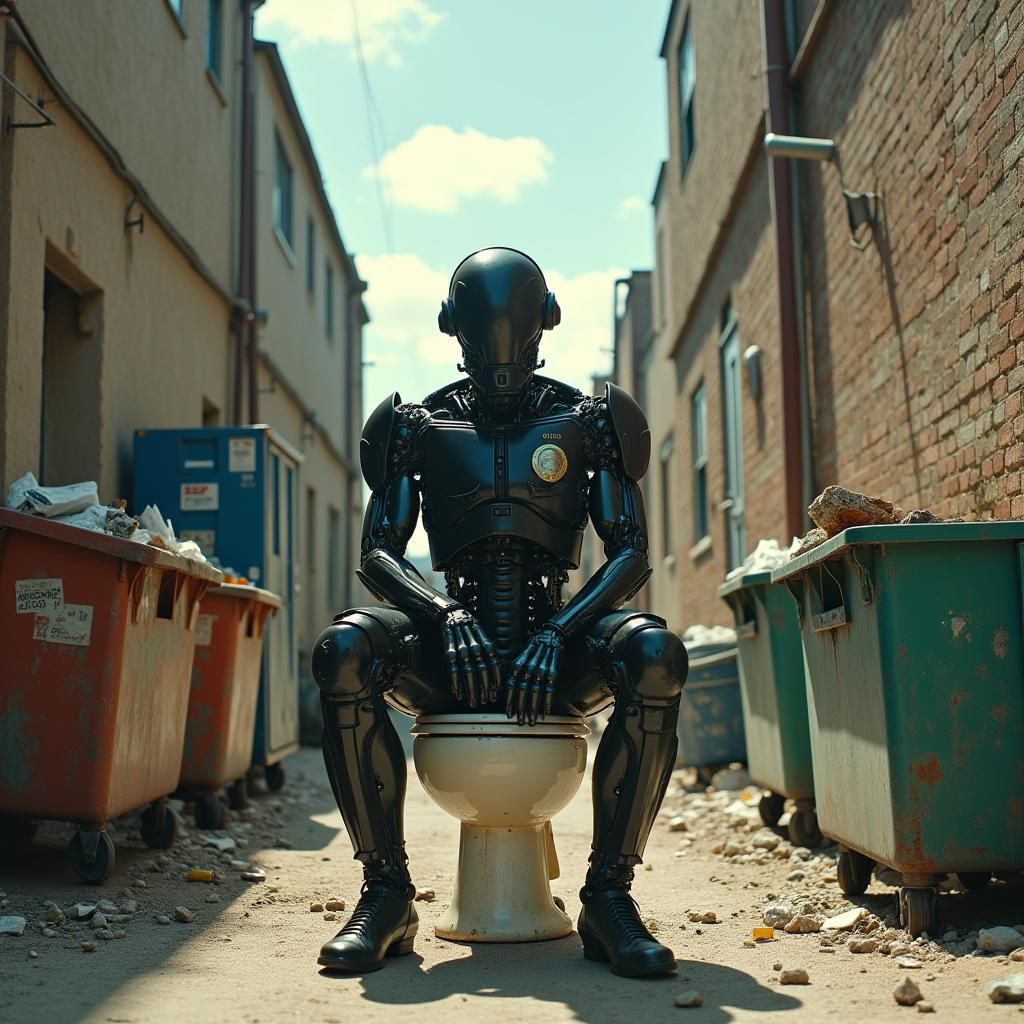 Cyborg Assassin on Outdoor Toilet in Hyper-Realistic Style
