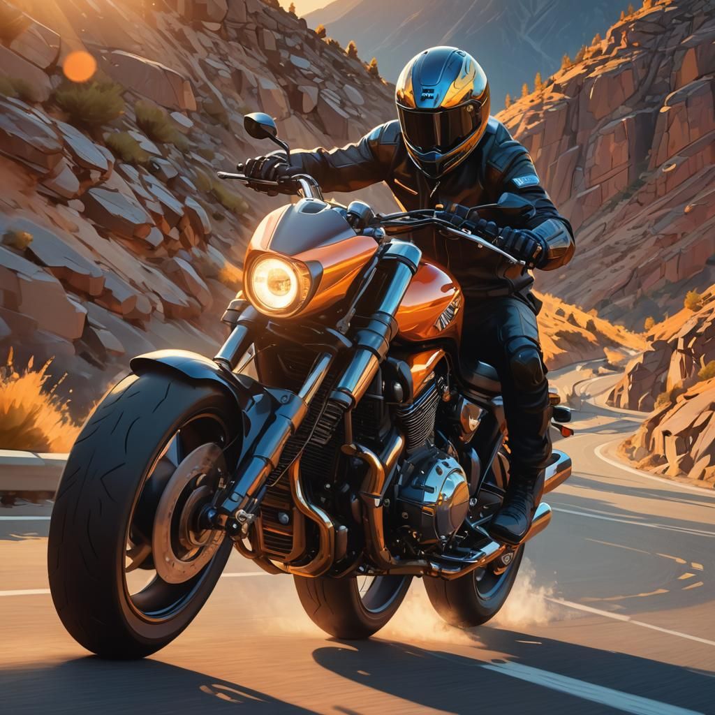 Motorcycle Concept Art at Sunset in Vibrant Color Blocking