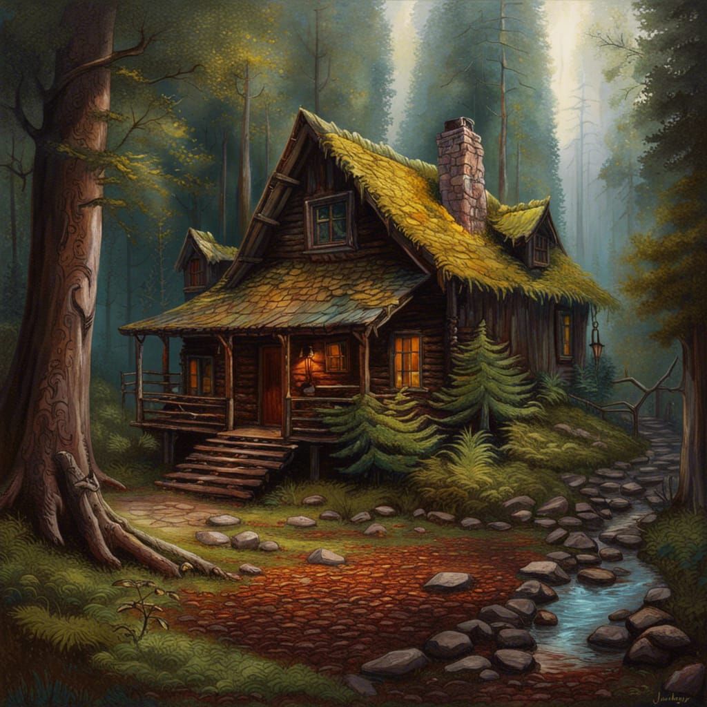 Cabin by a stream