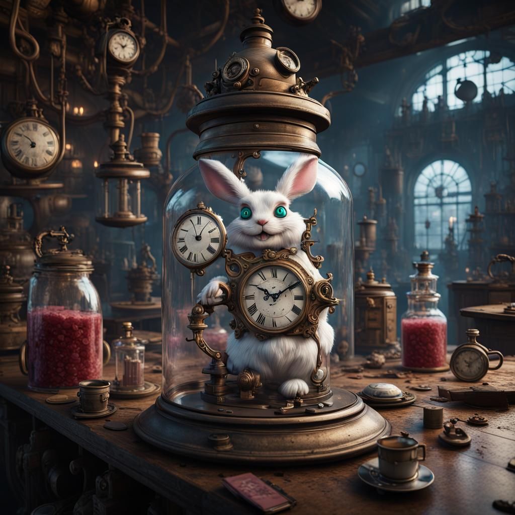The monster's factory with robotic clock white rabbit. Alice in wonderland floating in drink me bottle