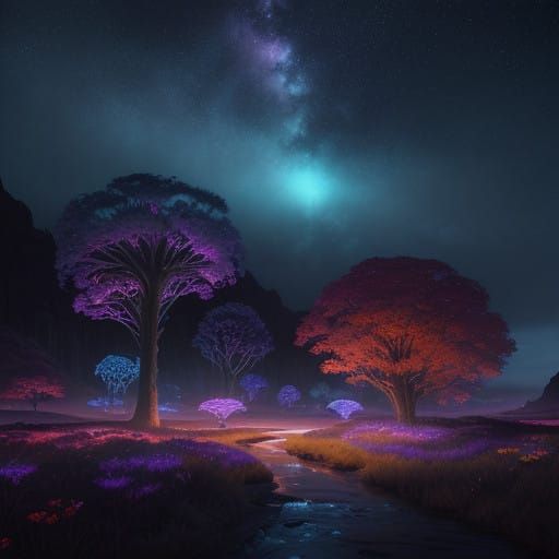 Ethereal Landscape with Glowing Flora and Fauna in Vibrant,...