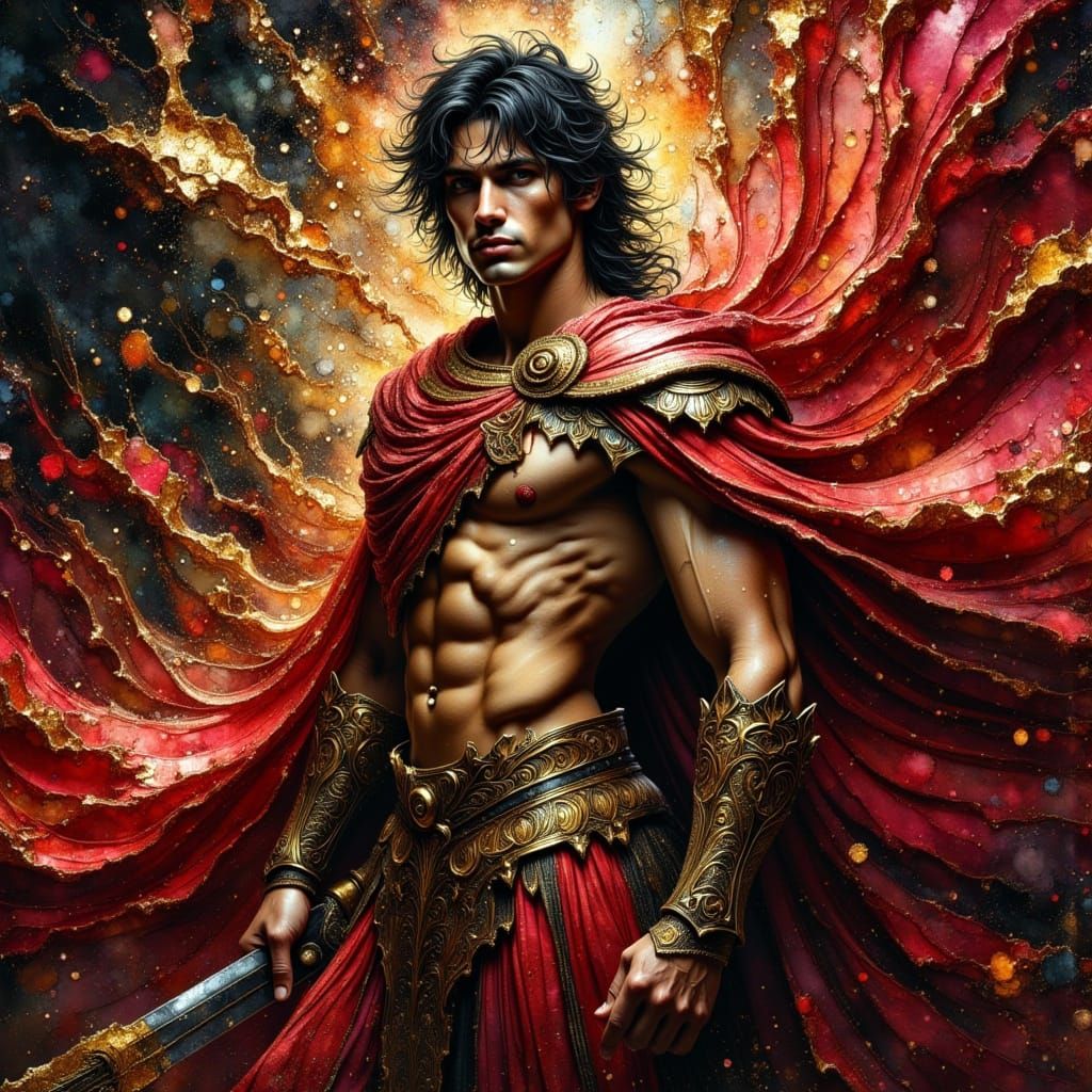 Chiseled Warrior in Ancient Greek Armor, Sparkling with Meta...