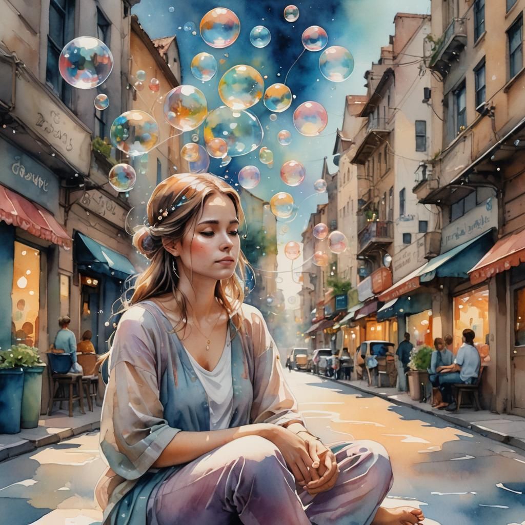 Meditative Woman in Watercolor Fantasy Scene