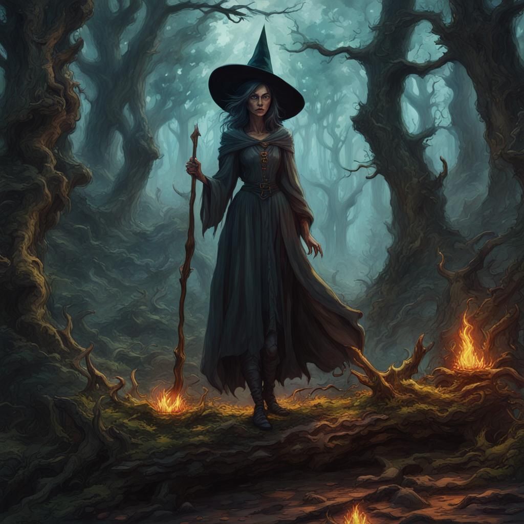 Cinematic Witch in Forest Illustration