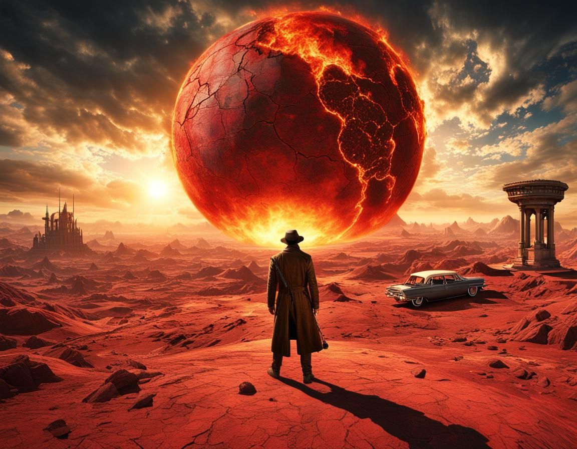 Time Traveler on Barren Earth with Red Sun