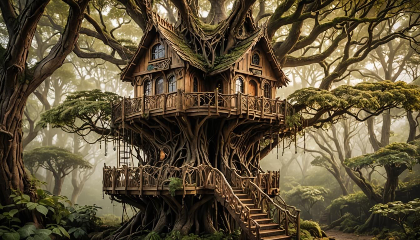 Detailed Elven Treehouse in Misty Forest: Macro Shot