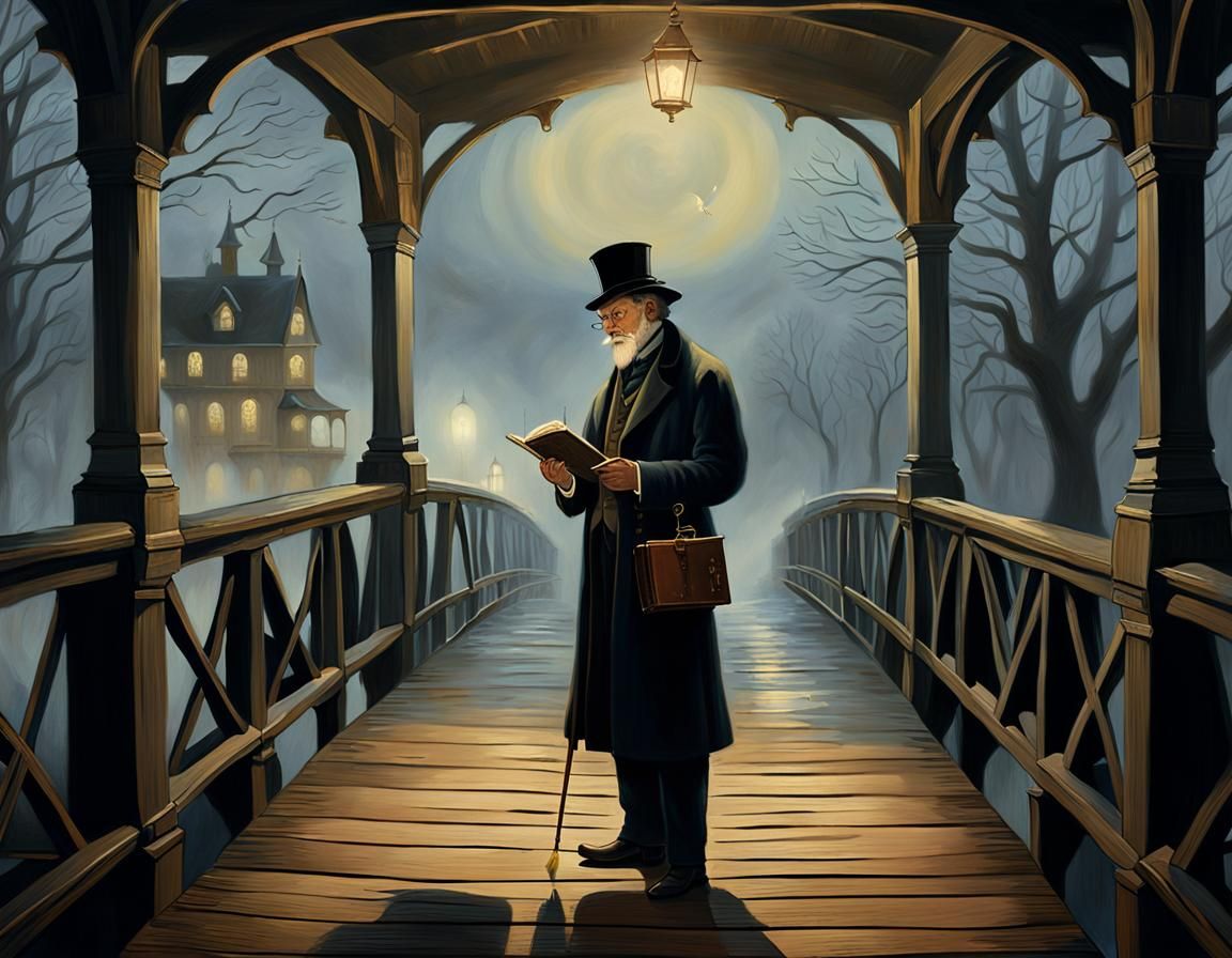 Victorian Man on Misty Bridge in Oil Painting Style