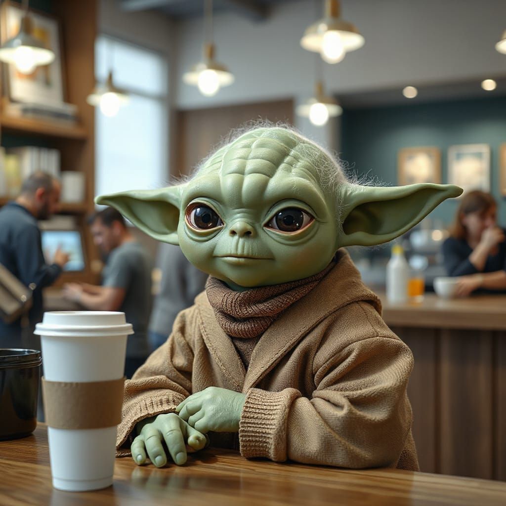 Yoda Waits Patiently for Coffee in Modern Times