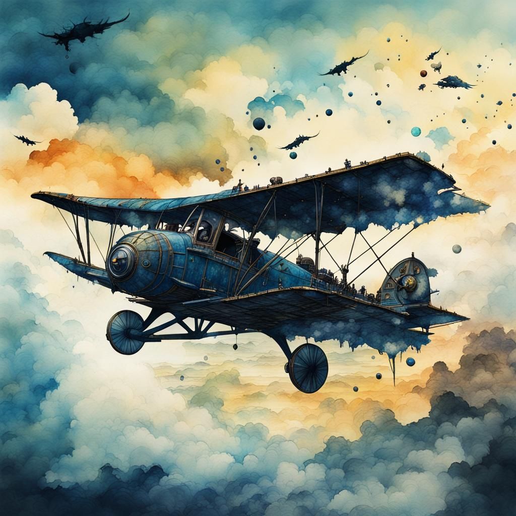 Silhouette Soaring Above Clouds in Watercolor Ink