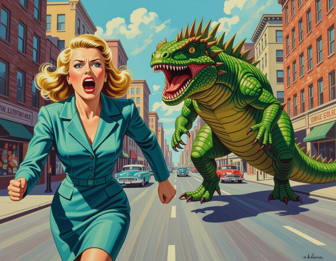 Woman Fleeing Dragon-like Lizard in Retro Pop Art