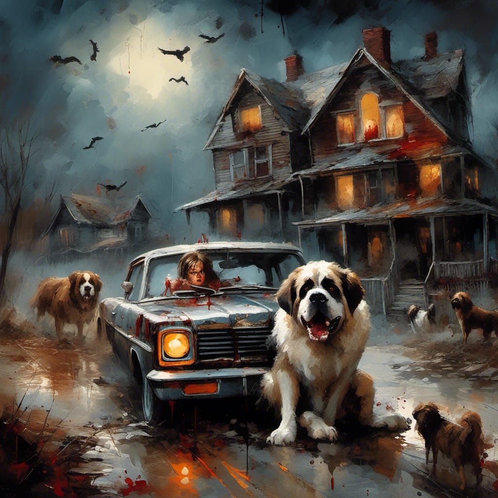 <lora:WITCHES and more:1.0>Steven King 'Cujo' Saint Bernard ...