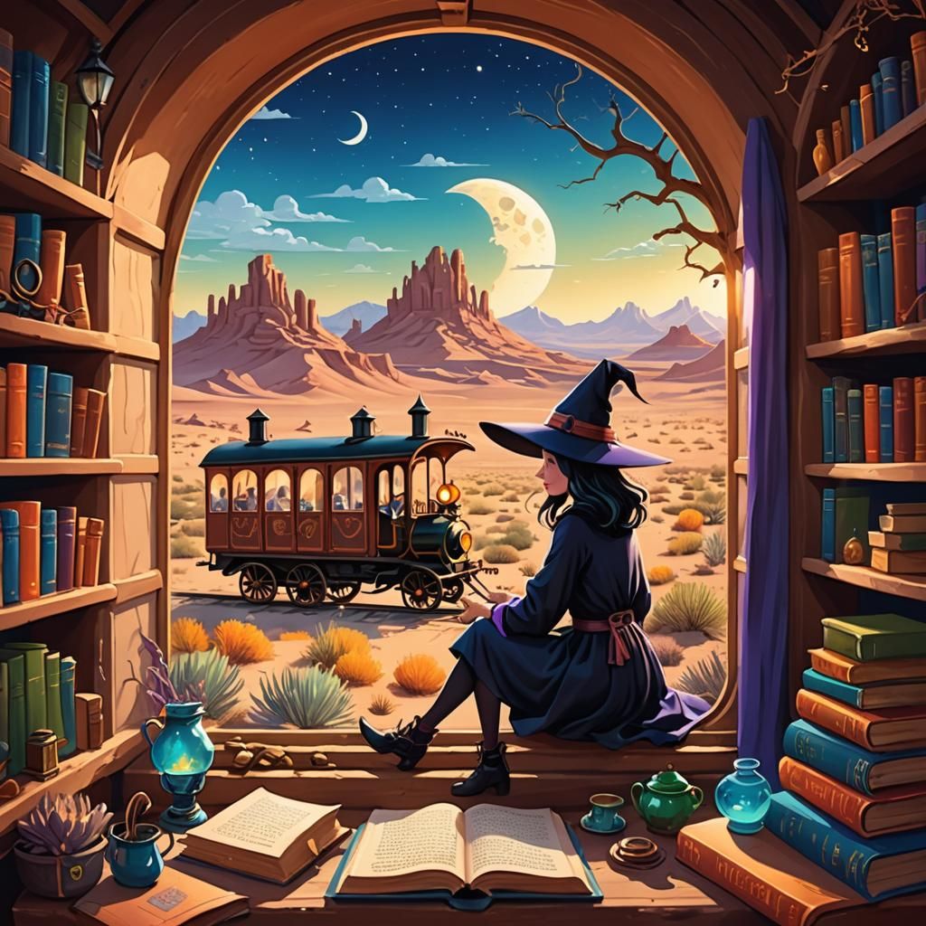 Whimsical Witch on Magical Train Journey
