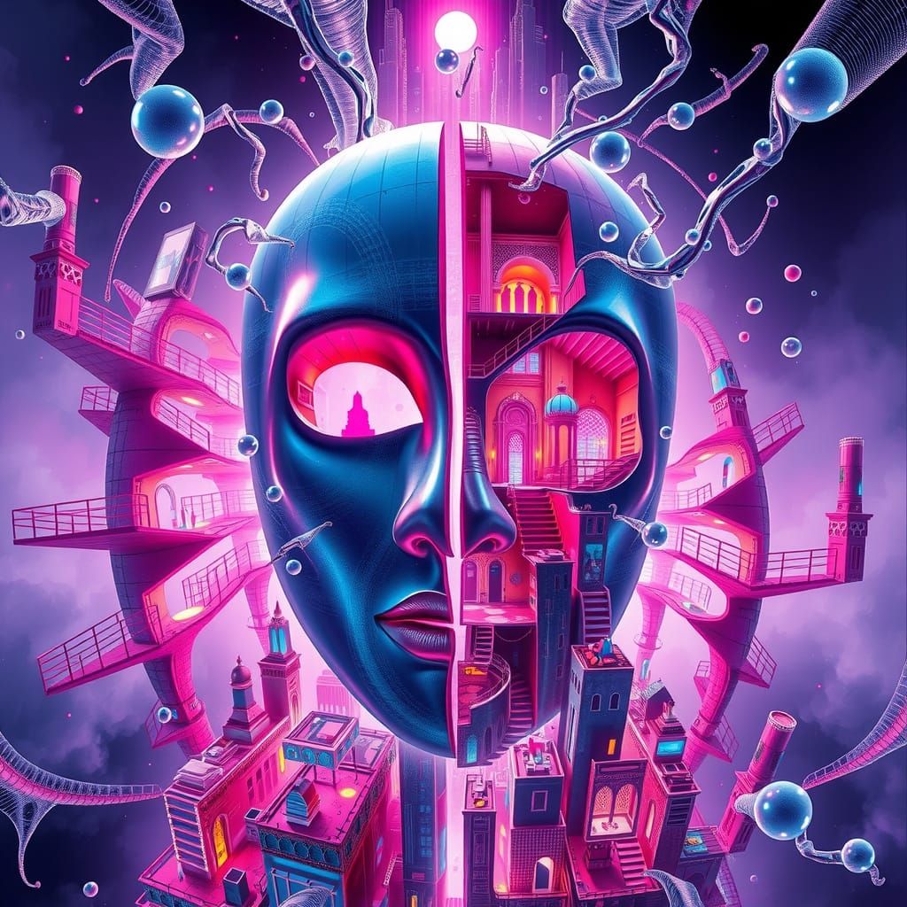 Fractured Mask in Surreal Cityscape with Twisting Corridors ...
