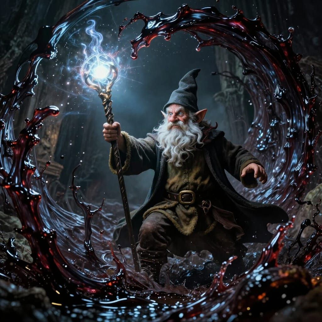 Wizard Gnome Battles Dark Vortex in Photorealistic Style