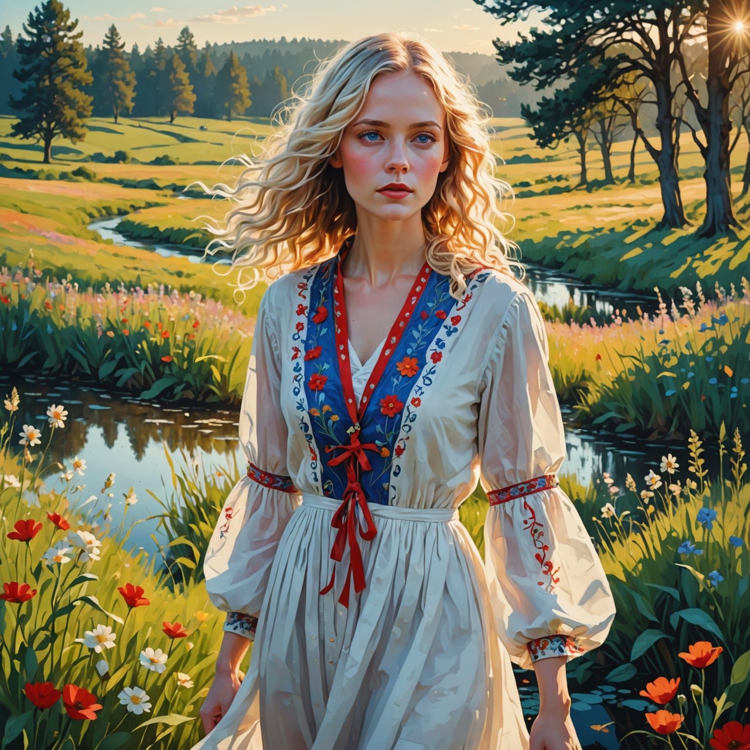 Morning Dawn: Serene Woman in Floral Meadow