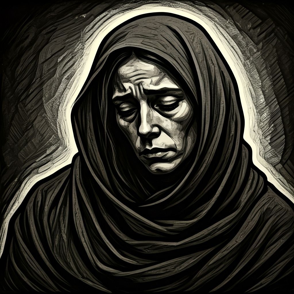 Grieving Mother in Black and White: An Expressive Print