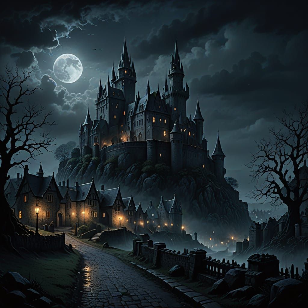 Medieval Village Under Dark Fantasy Stormy Skies