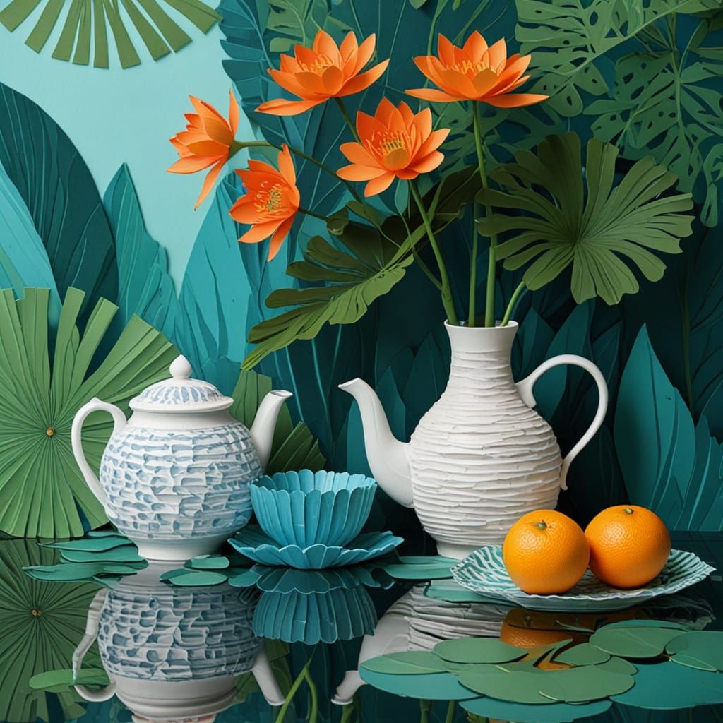Serene Asian Garden Still Life in 3D Paper Collage