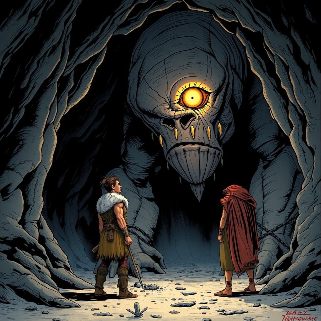 Giant Cyclops in Cave Stares at Ancient Greek Explorer in Co...