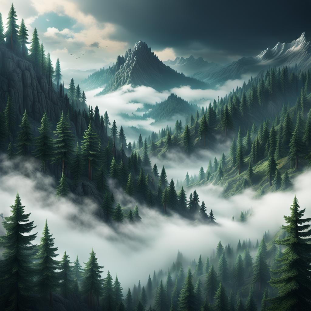 Mountain Pine Forest with Drifting Fog: Matte Painting