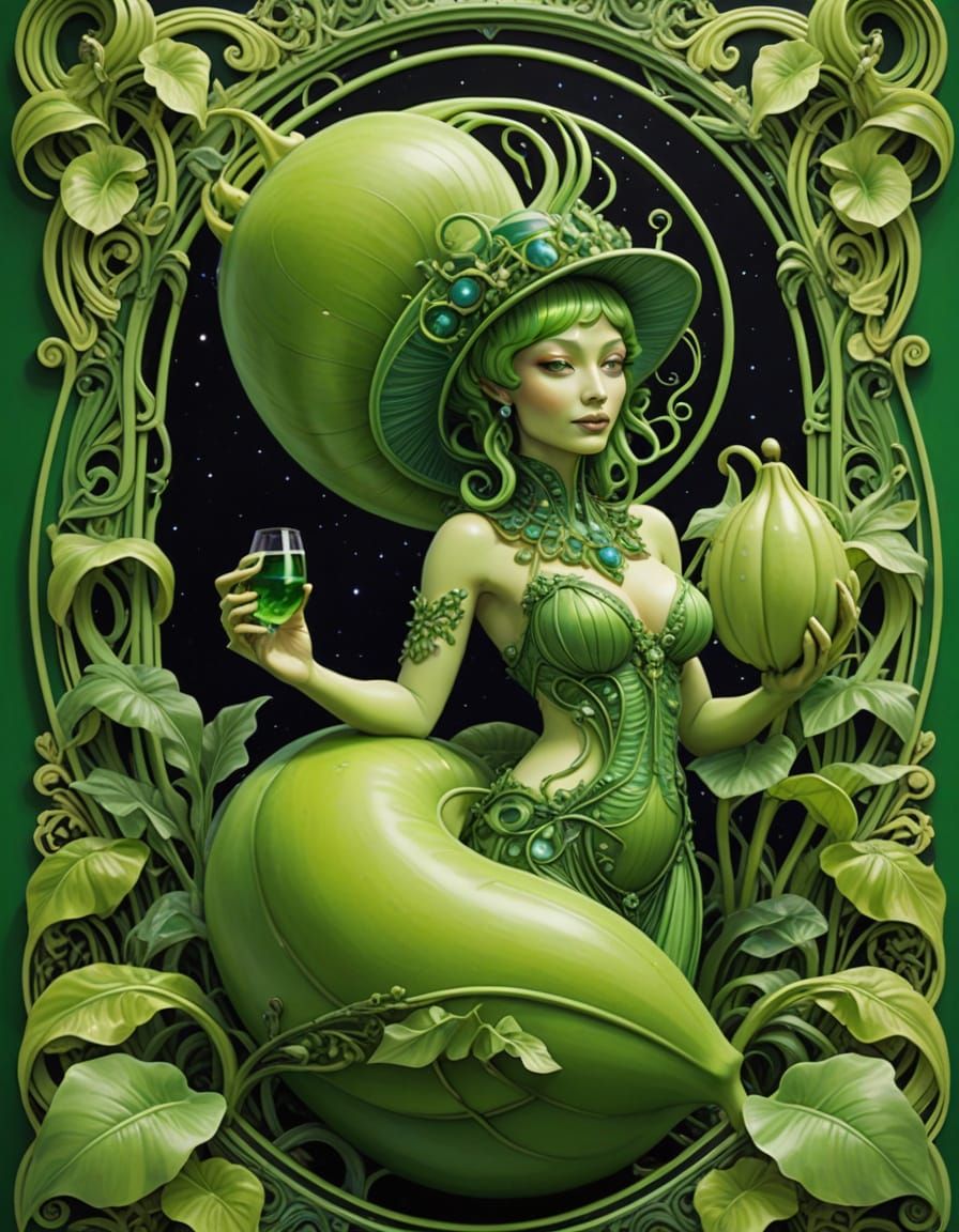 Whimsical Green Alien Lounging on Banana in Art Nouveau Styl...