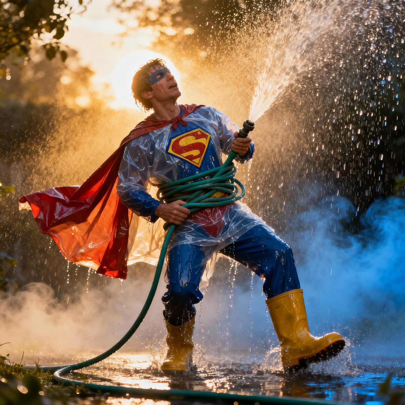 Fake Superhero Tangled in Garden Hose, Soaked