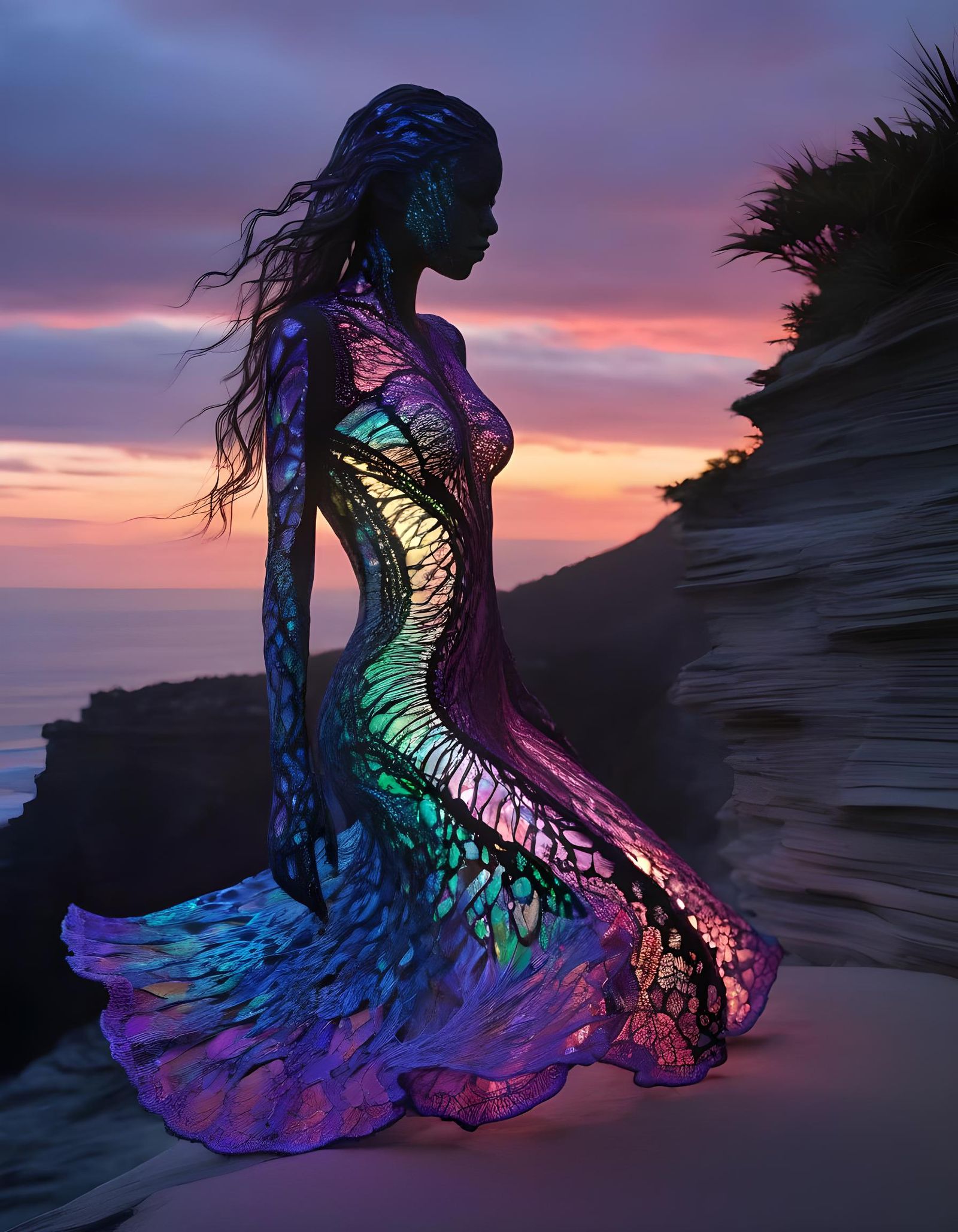 Purpleheartwood Sculptures on Cliff at Sunset