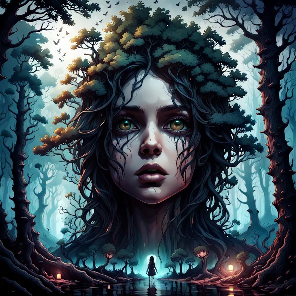 Intricate Forest Landscape with Hidden Girl, Matte Painting