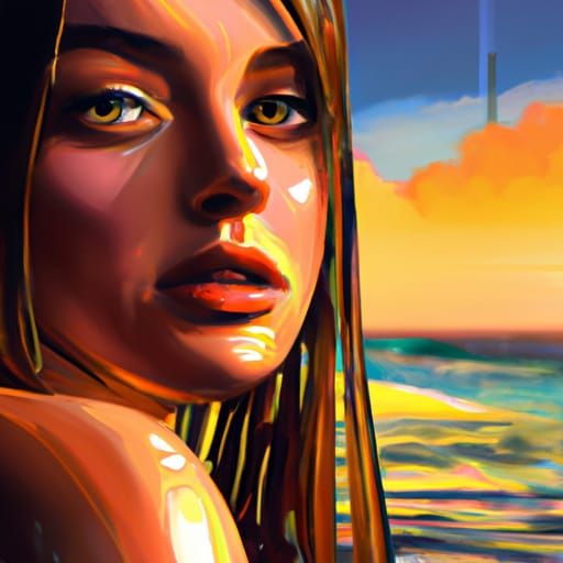 Colorful Tropical Sunset Beach Portrait in Artgerm Style