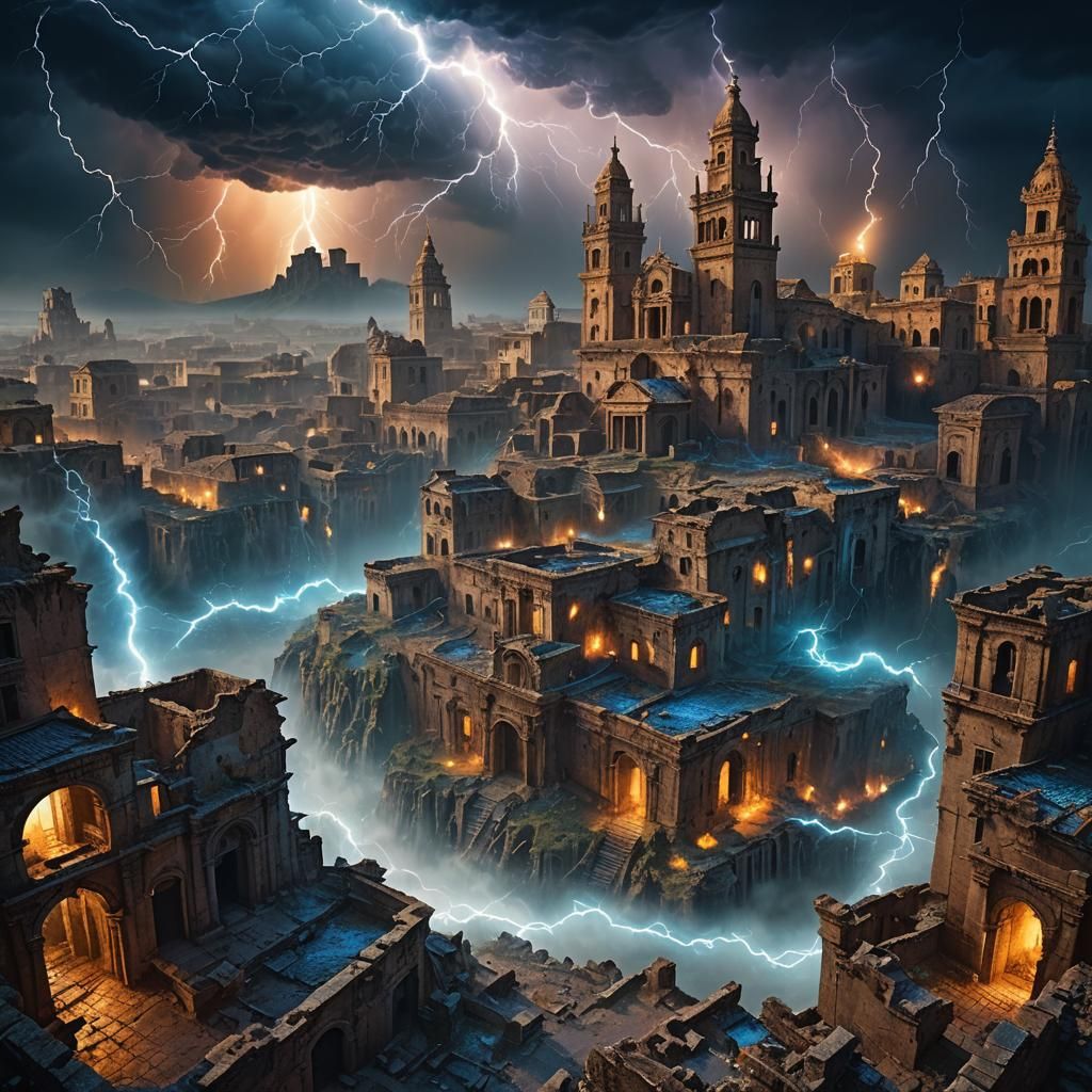 Epic Lightning Storm over Ancient Ruins