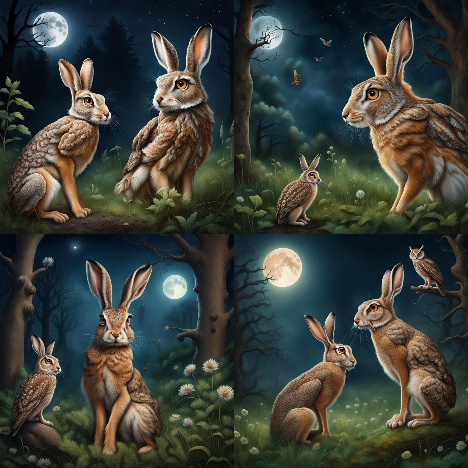 Nocturnal Hare and Owl in Enchanting Nature Scene