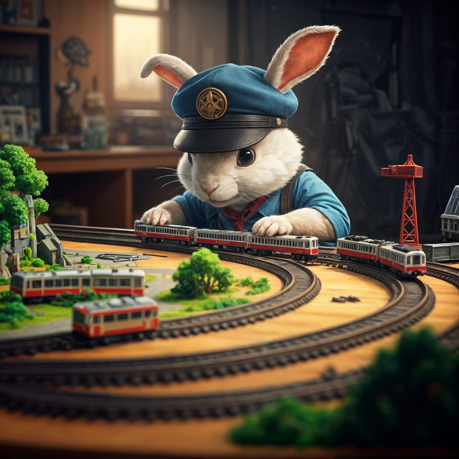 Rabbit Engineer Building Model Train Set