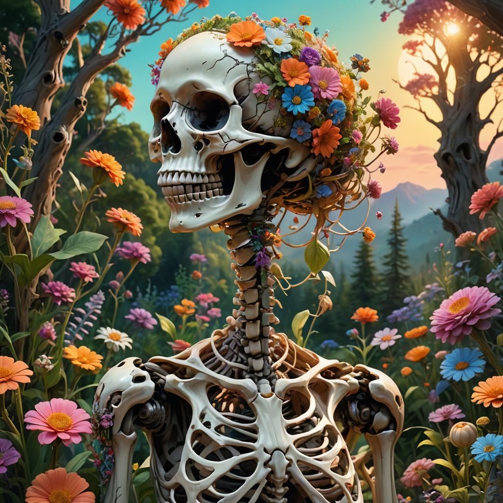 Bohemian Skeleton in Whimsical Landscape, Hyperrealistic Art