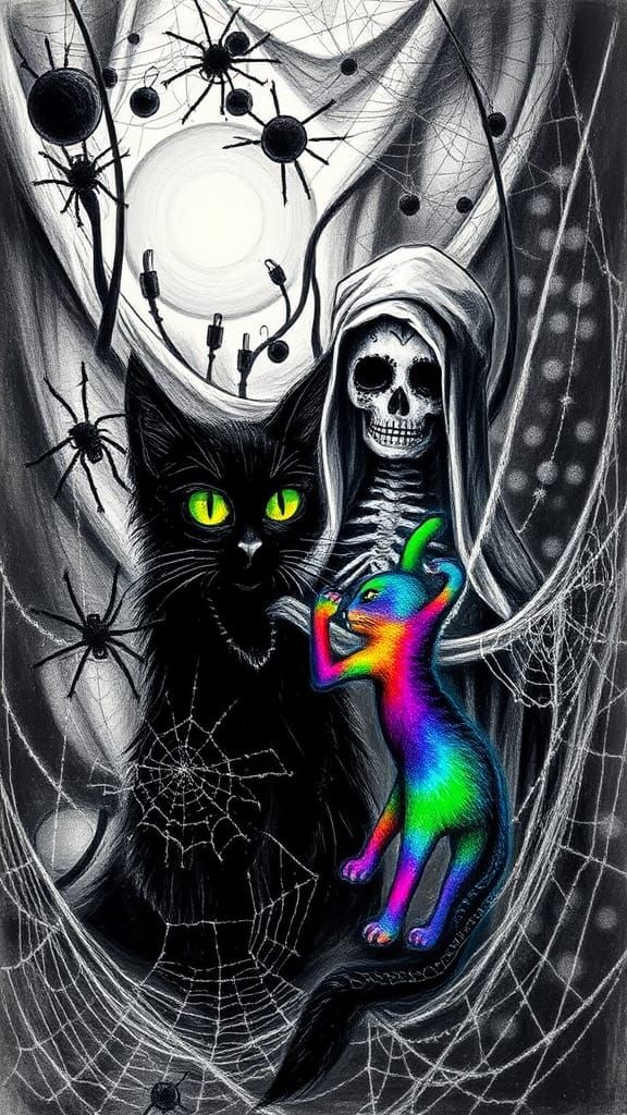 Black Cat and Santa Muerte in Surrealist Crayon Art