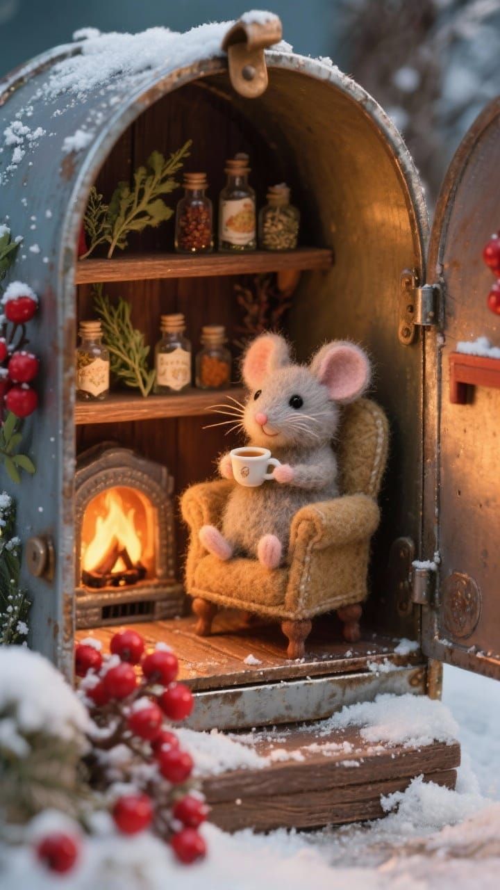 Adorable Felt Mouse in Antique Mailbox