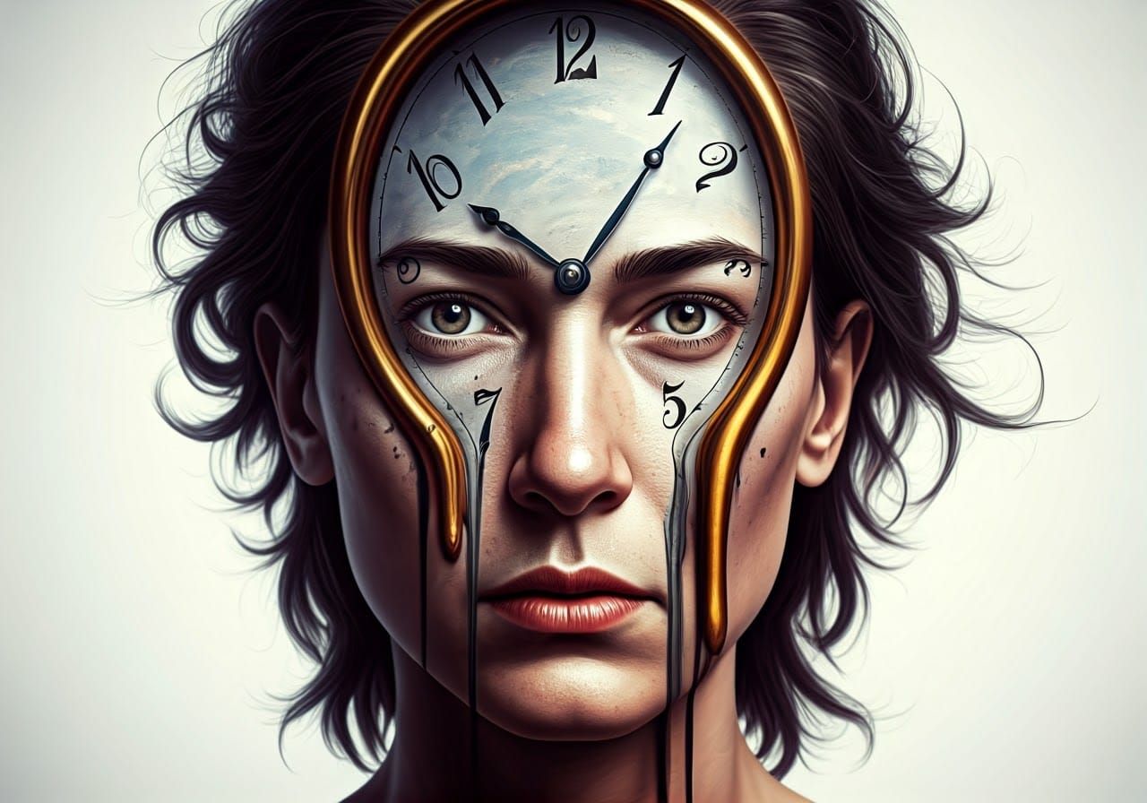 Surreal Face Melds with Clock in Dreamlike Double Exposure