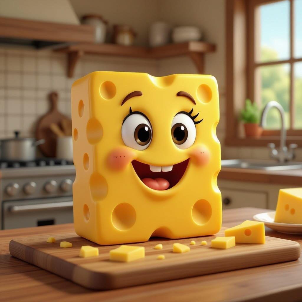Cheerful Cartoon Swiss Cheese Character in Kitchen