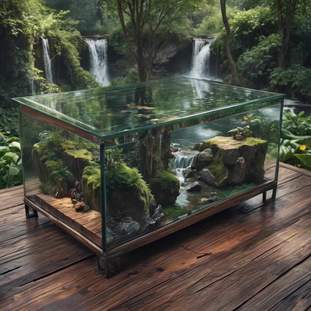 Hyperrealistic Waterfall Landscape in Glass Box