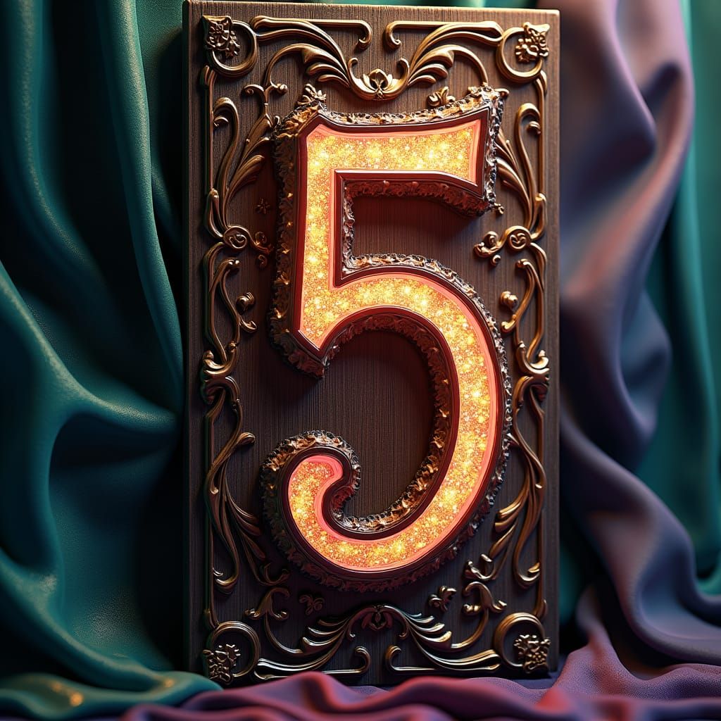 Ornate Carved Number Five in Jewel Toned Hues