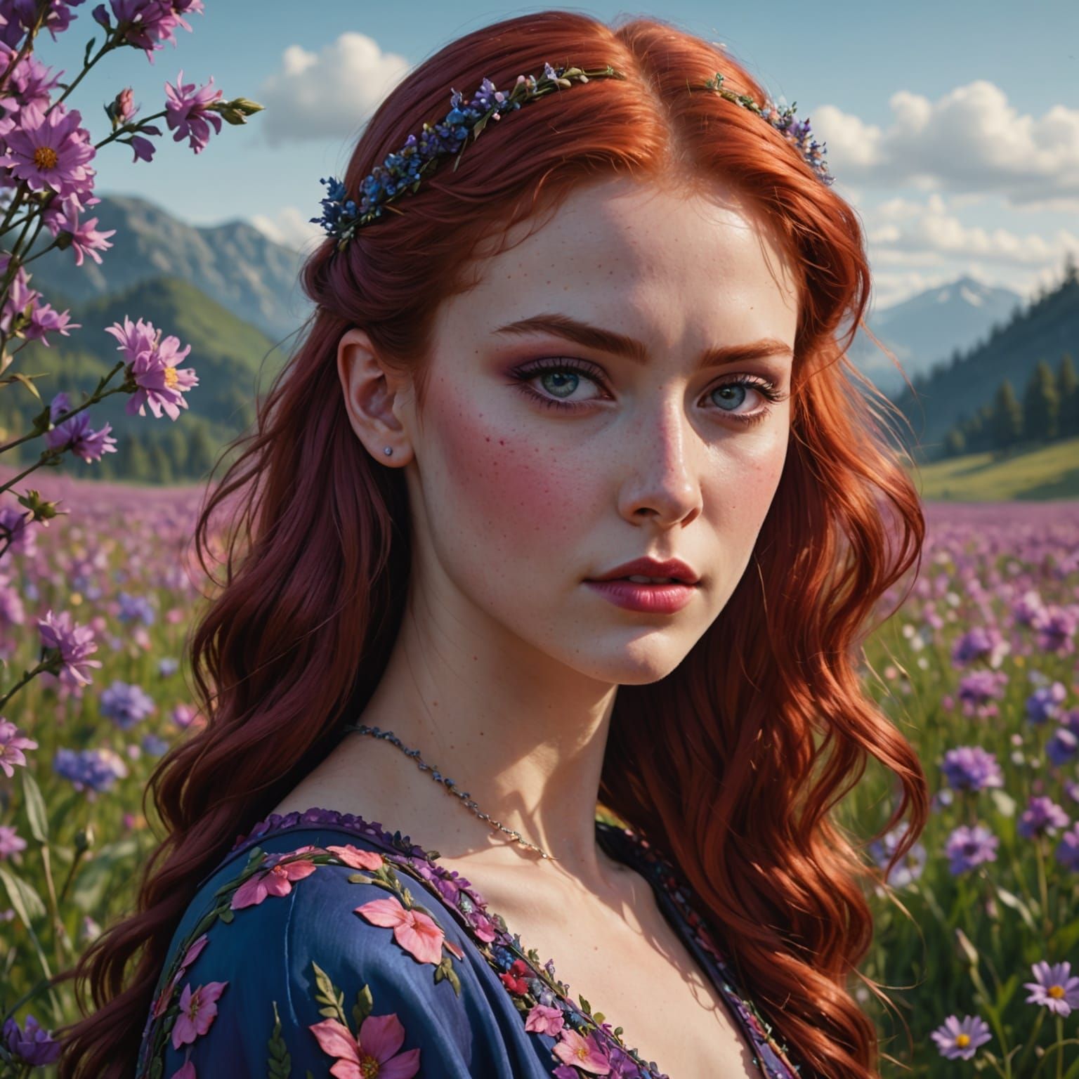 Ethereal Fantasy Portrait in a Vibrant Floral Meadow