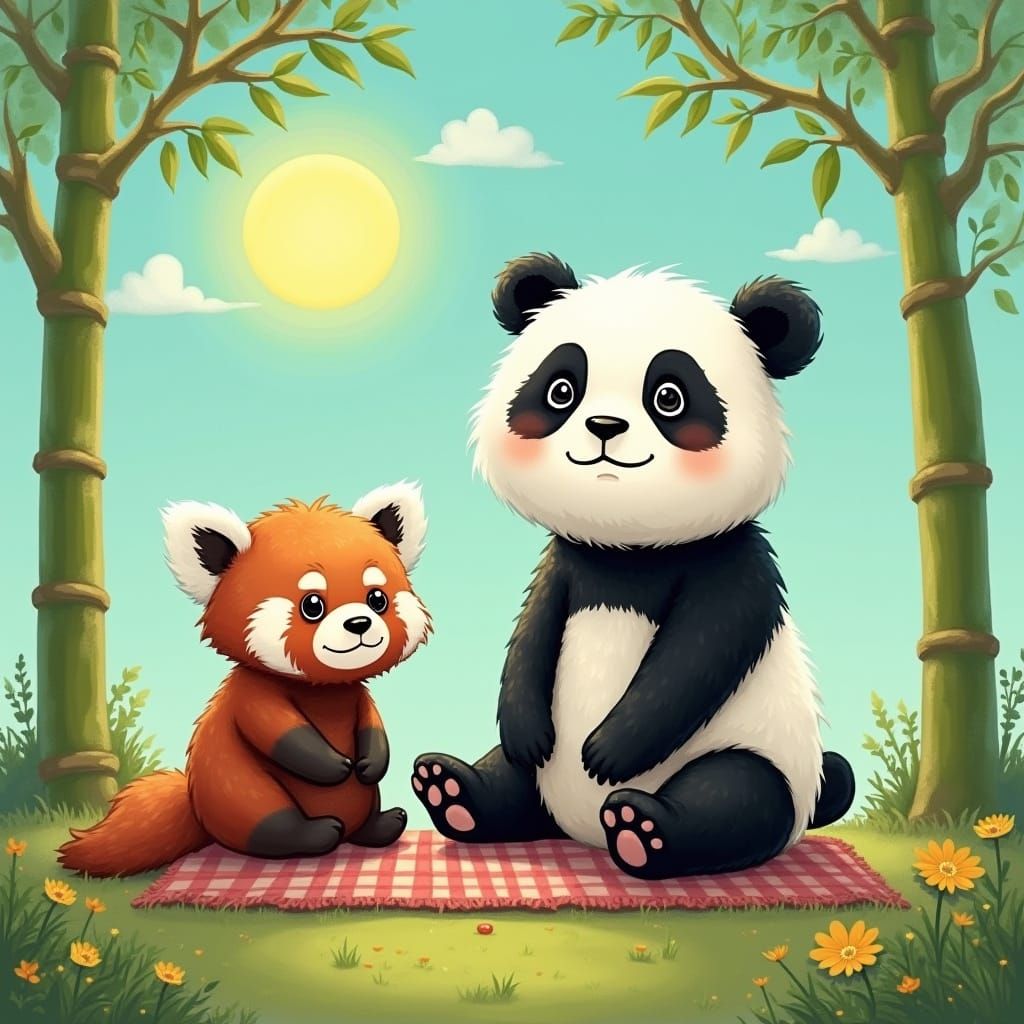 Pandas Picnic Under Turquoise Sky in Whimsical Style