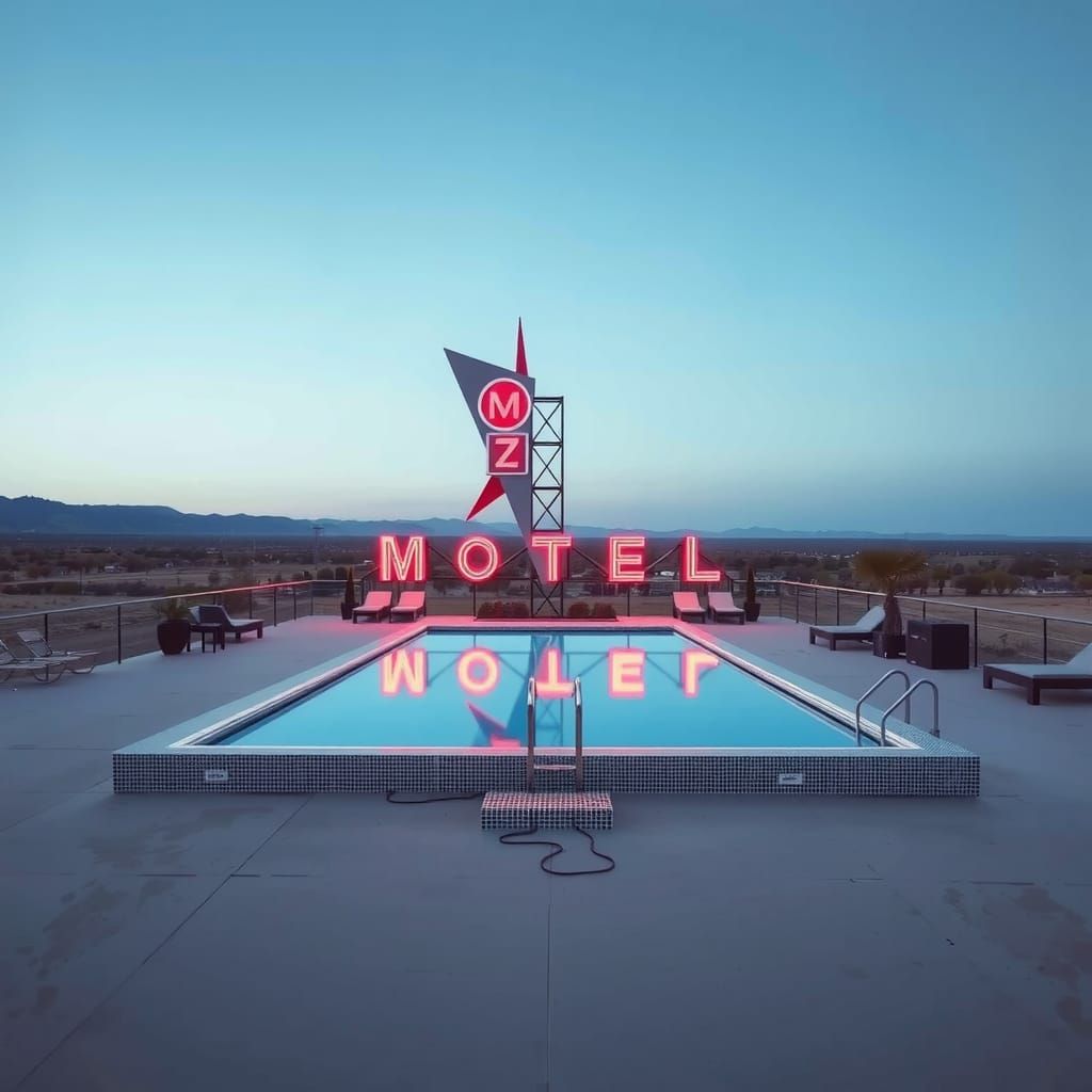 Surreal Motel Pool Reflecting Sky, Clemens Ascher Style