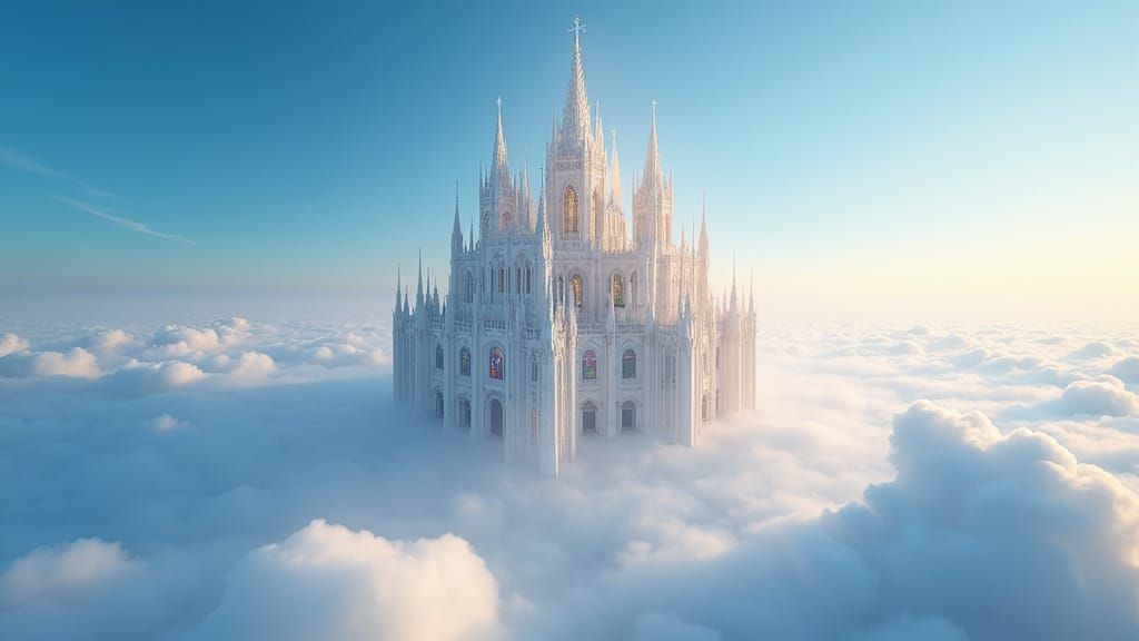 Surreal Cathedral Soars Above Ethereal Clouds in Hyper-Reali...