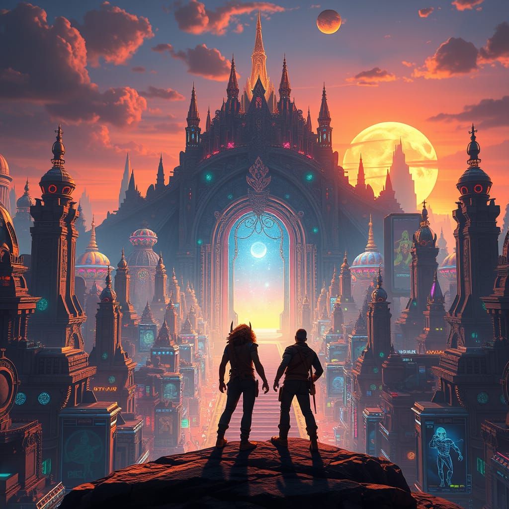 Bill and Ted's Epic Portal Adventure in Futuristic Cityscape